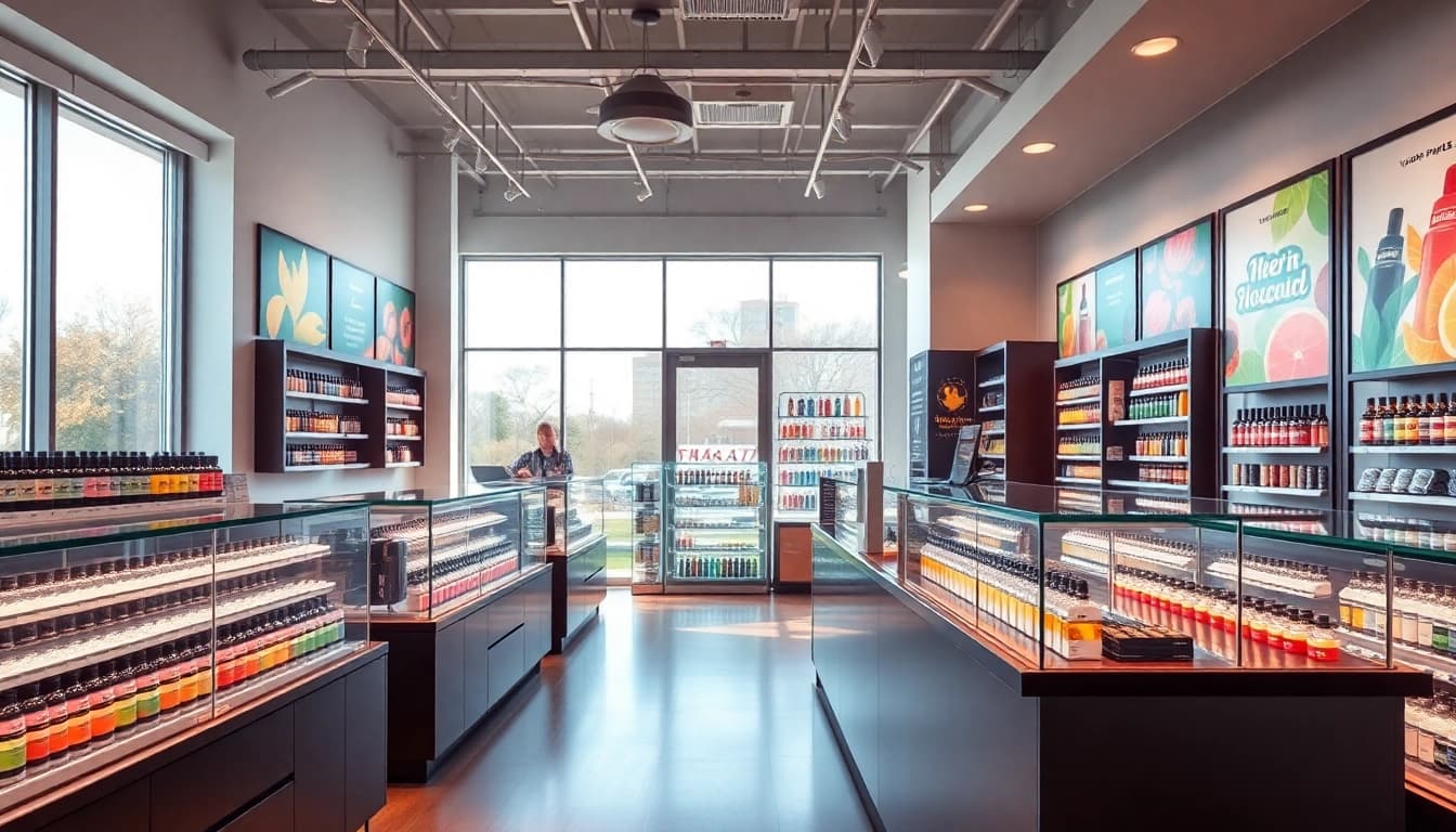 Primevaporusa.com vibrant vapor shop interior showcasing colorful e-liquids and friendly staff.