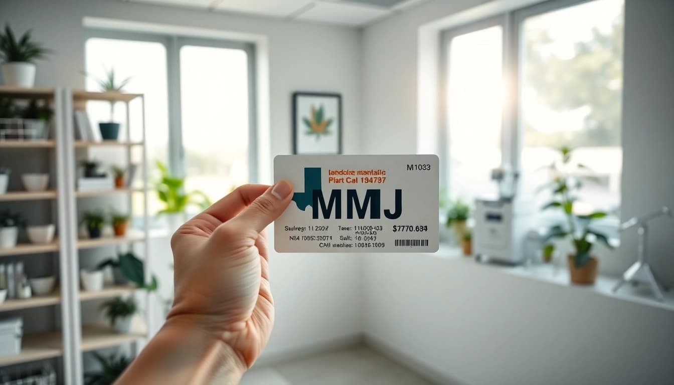 Showcasing a Texas MMJ card held by a hand in a welcoming medical office setting.