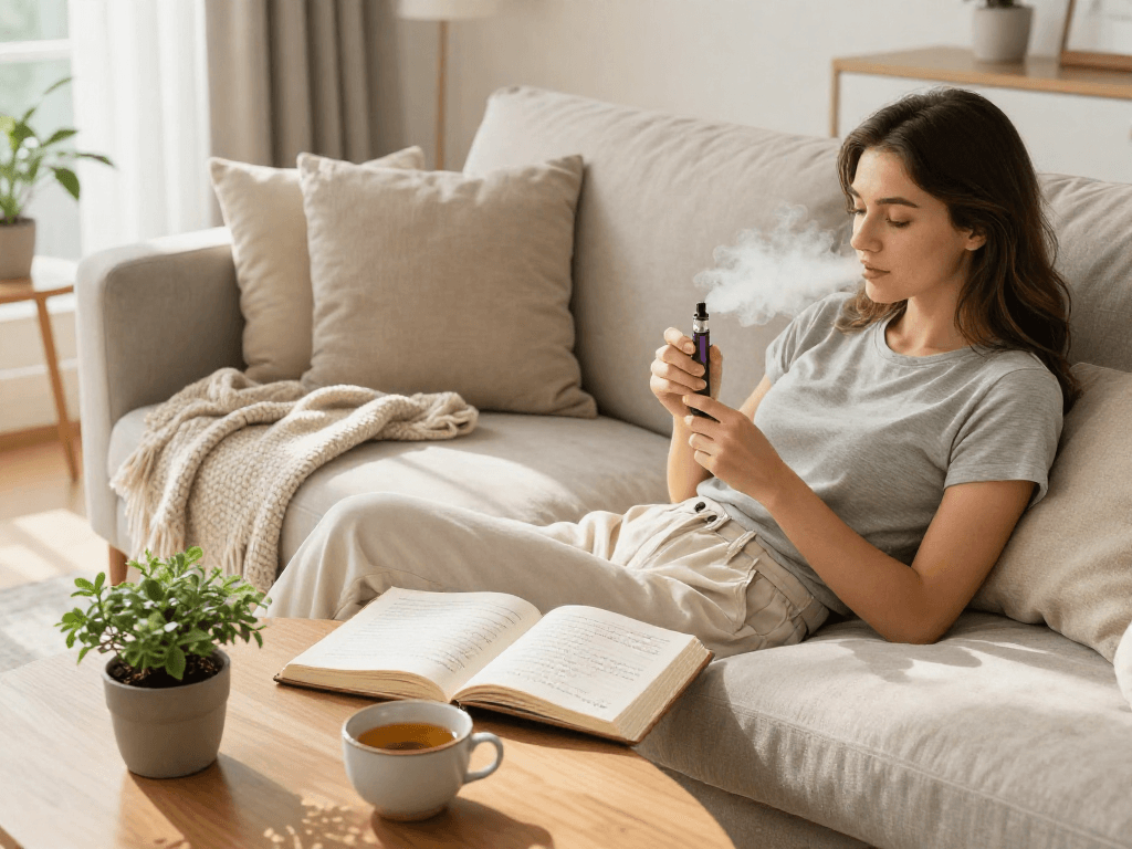 THC vape UK lifestyle scene with vaporizer, herbal tea, and wellness journal, emphasizing natural relaxation and quality.
