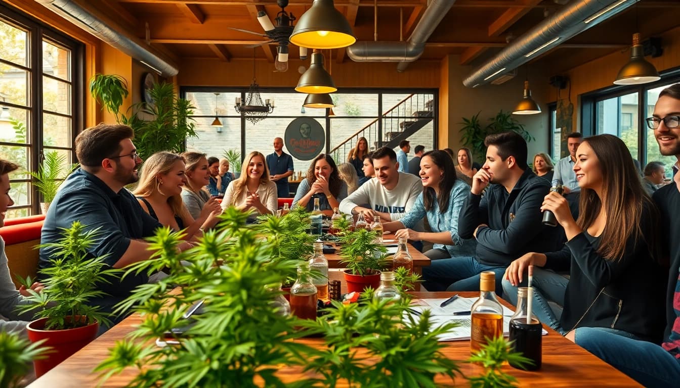 Menschen genießen eine entspannte Atmosphäre im cannabis club hamburg mit Pflanzen und Lichtern.