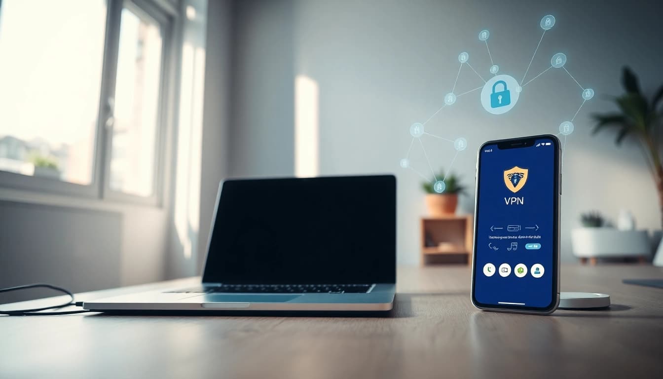 快连下载 app showcased on a smartphone in a modern home office setup, symbolizing secure internet access.