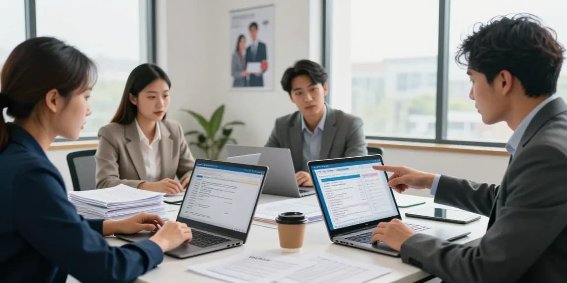 Team collaborating to detect fraud receipt using advanced AI technology in a modern office.