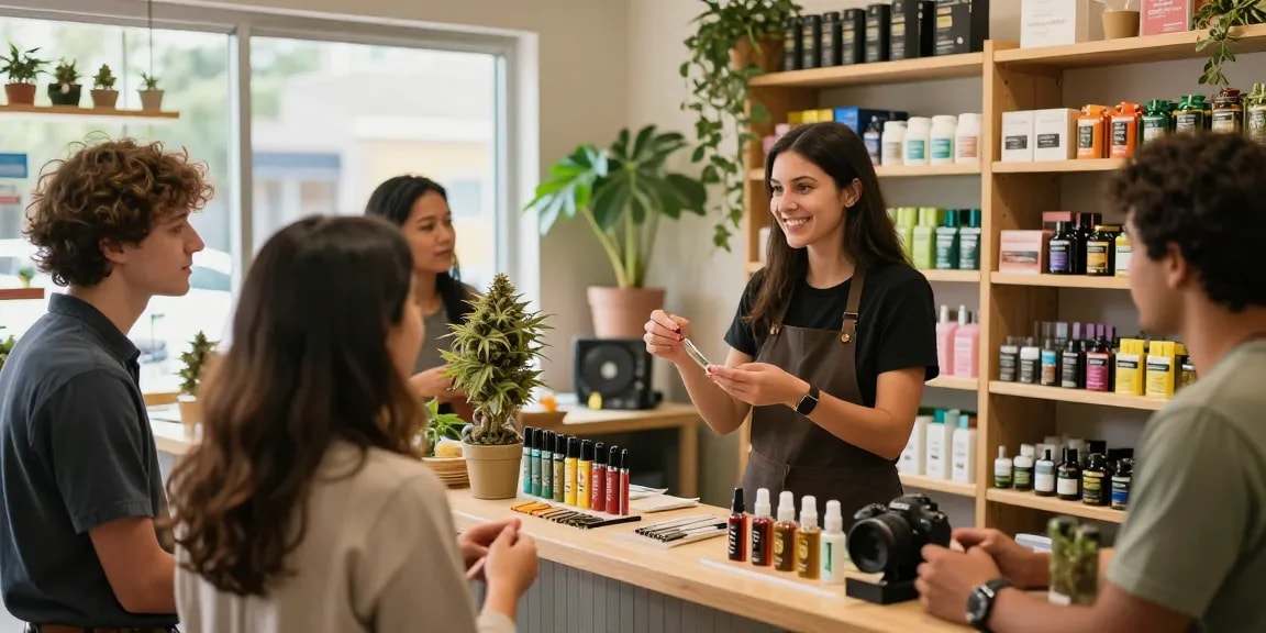 Buy Marijuana Online Europe with a friendly budtender assisting customers in a colorful cannabis dispensary.