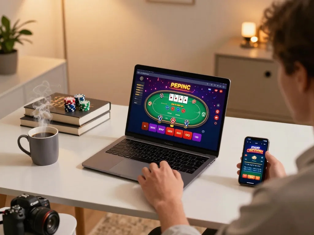 Player engaging with HB88 online casino on a laptop, showcasing vibrant poker gameplay.