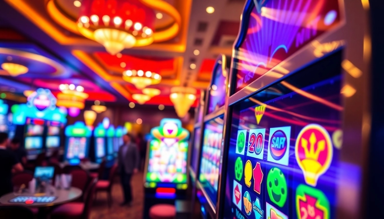 Slot online yang menarik dengan simbol berwarna cerah di mesin kasino.