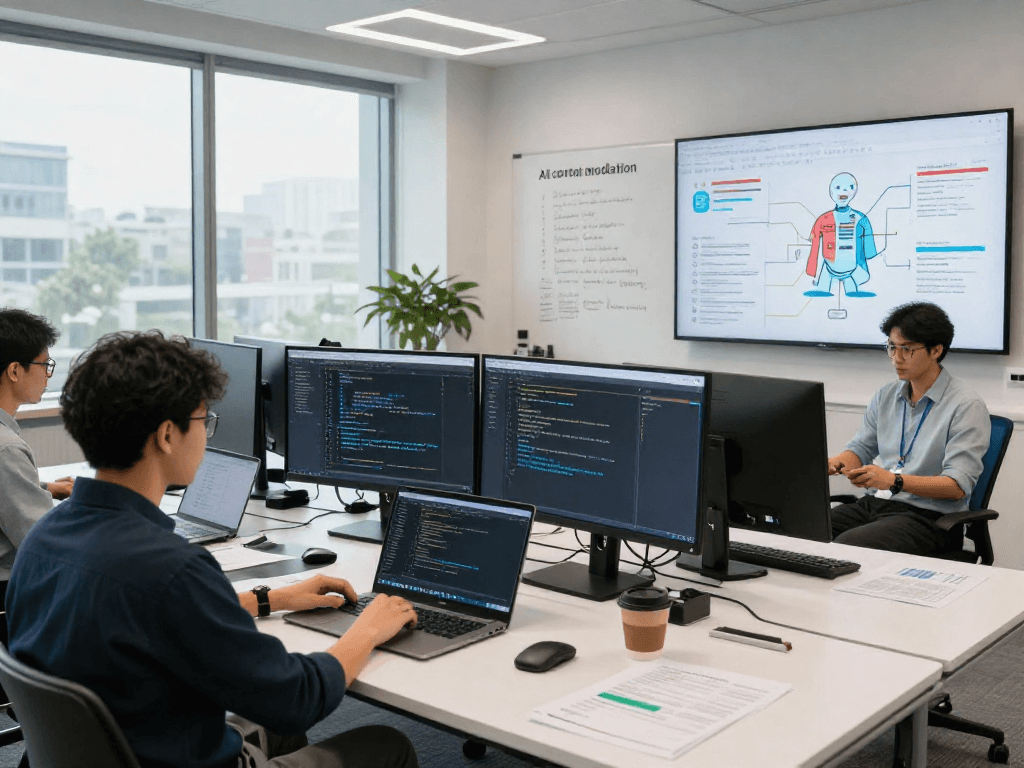 Content moderation in action with an ai image detector in a tech workspace, highlighting collaboration and innovation.