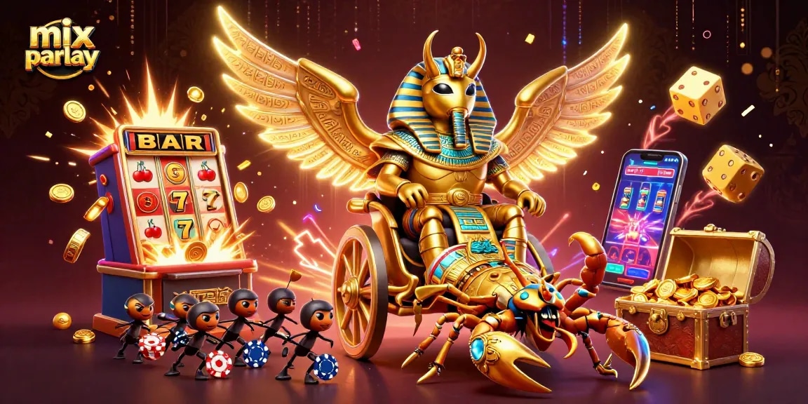 Jelajahi mix parlay dengan ilustrasi menarik dari karakter kasino dan elemen permainan penuh warna.