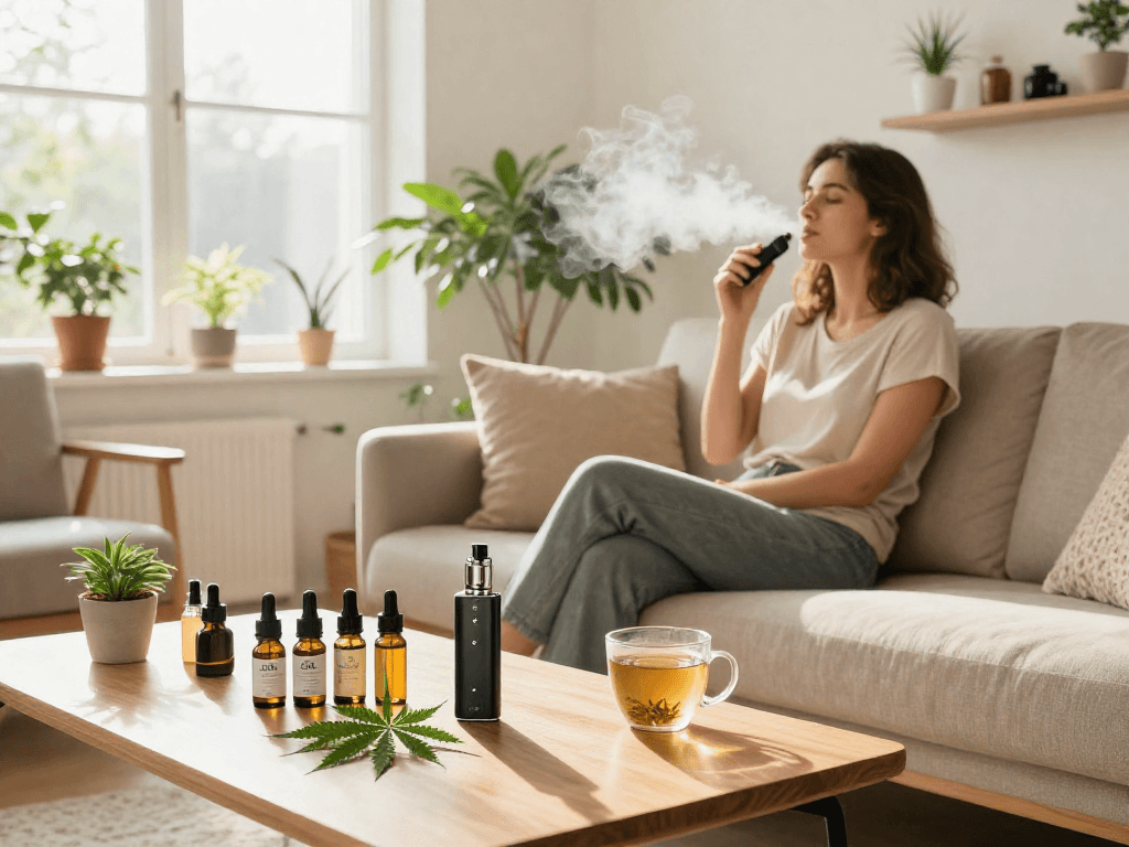Packman vape THC device providing a premium organic vaping experience amidst a cozy wellness atmosphere with CBD products.