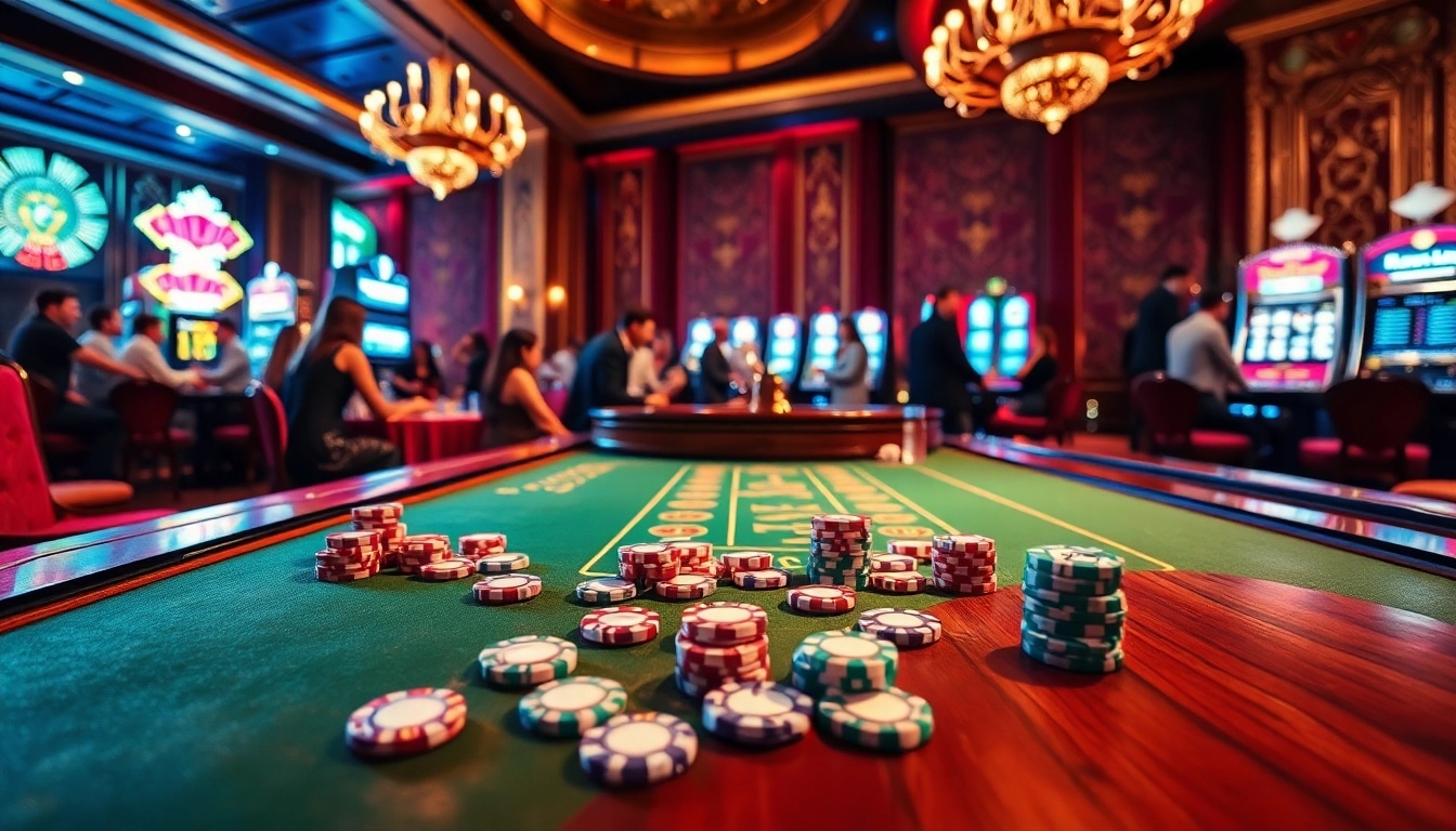 Experience the thrill of gaming at Jogoluck with an upscale casino scene featuring a poker table and roulette wheel.