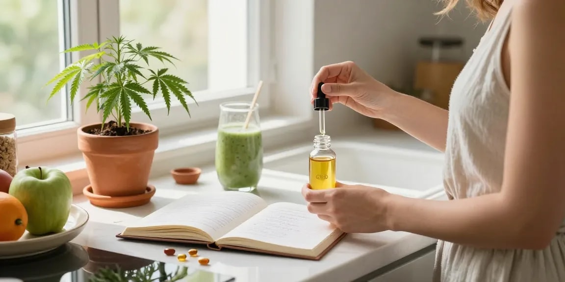 Marketing y Publicidad: Aceite de CBD orgánico y natural en rutina de bienestar en cocina luminosa.