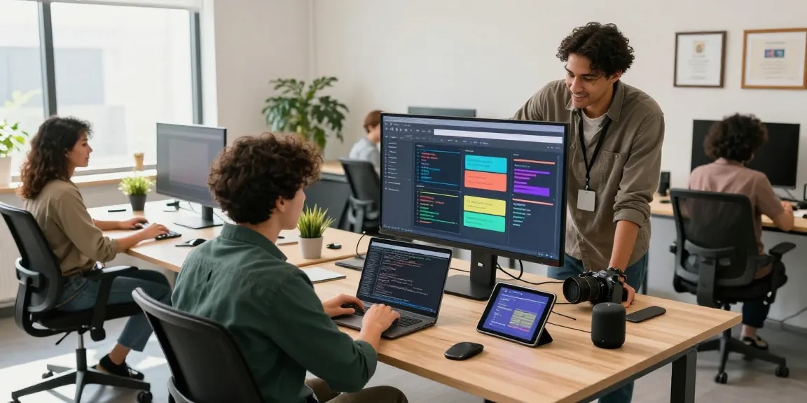 Dynamic tech workspace showing a diverse team collaborating on coding and design, promoting telegram官网 integration.