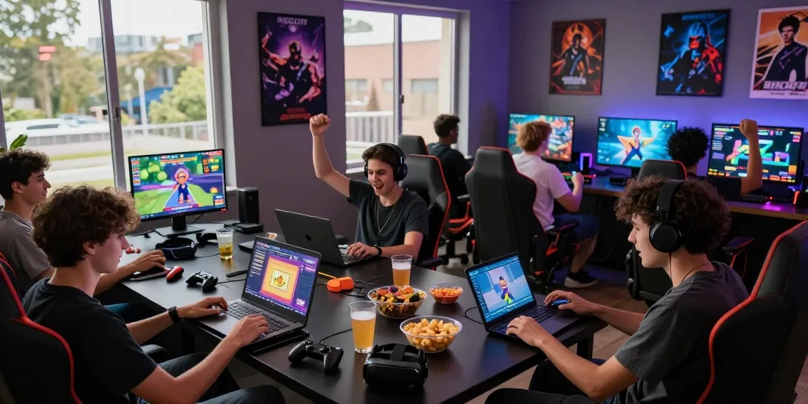 Exciting scene of friends playing porngame in a vibrant gaming lounge.