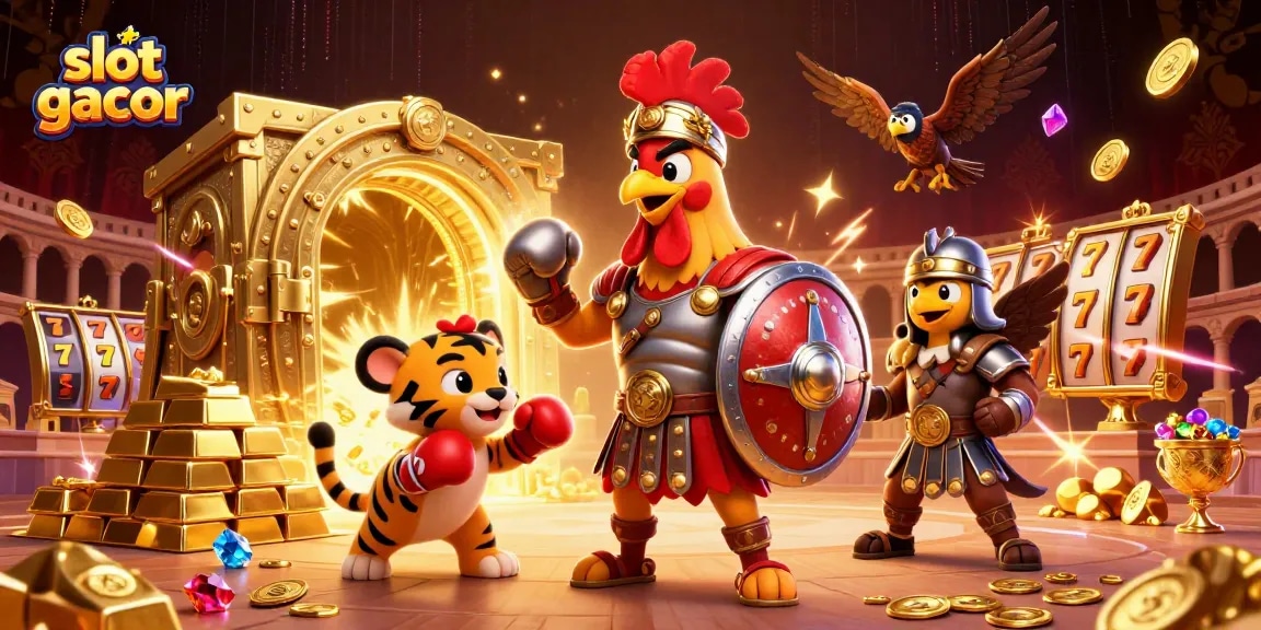 Visualisasi menarik slot gacor dengan karakter unik, berlatar glamor dalam dunia kasino.