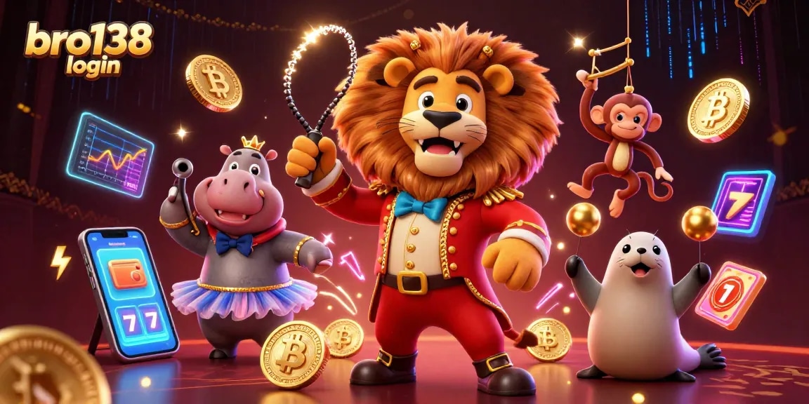 Engage in the vibrant world of bro138 login with this captivating casino scene, featuring playful characters and crypto elements.