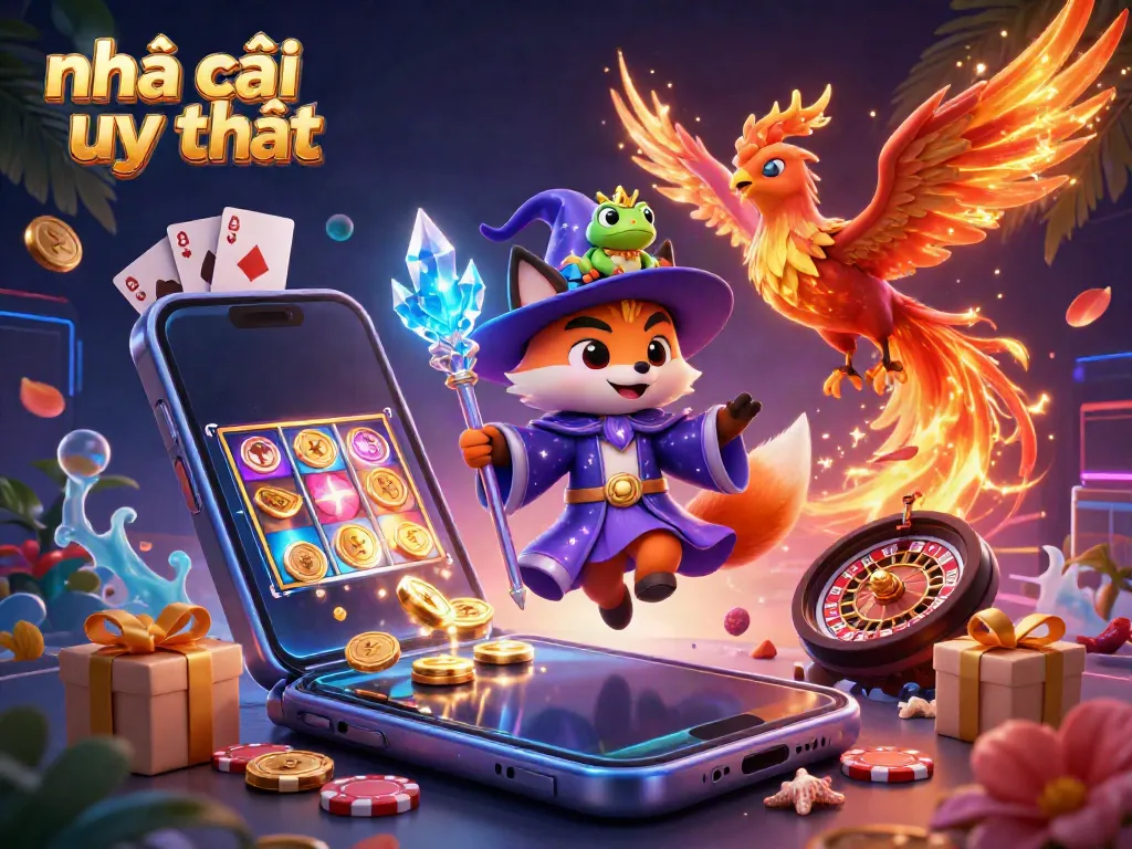 Engage with nhà cái uy tín in a vibrant 3D casino scene featuring a mystical fox wizard, phoenix, and game elements.