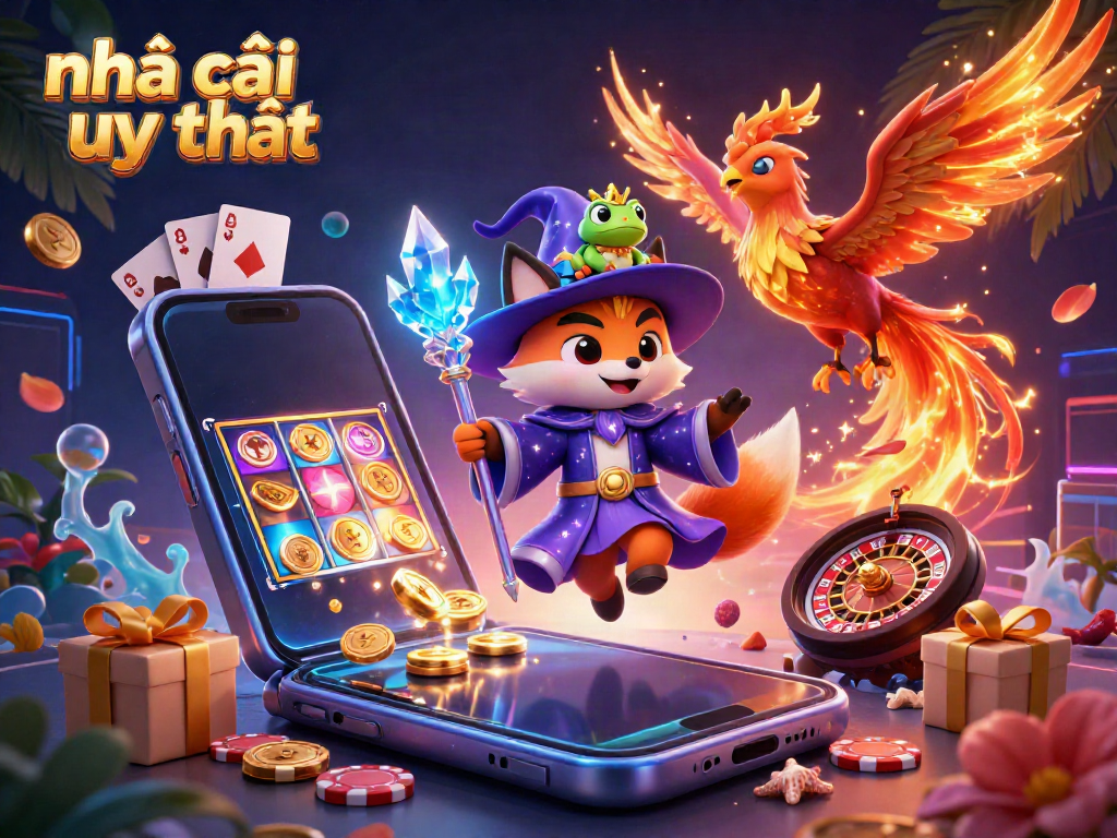 Engage with nhà cái uy tín in a vibrant 3D casino scene featuring a mystical fox wizard, phoenix, and game elements.