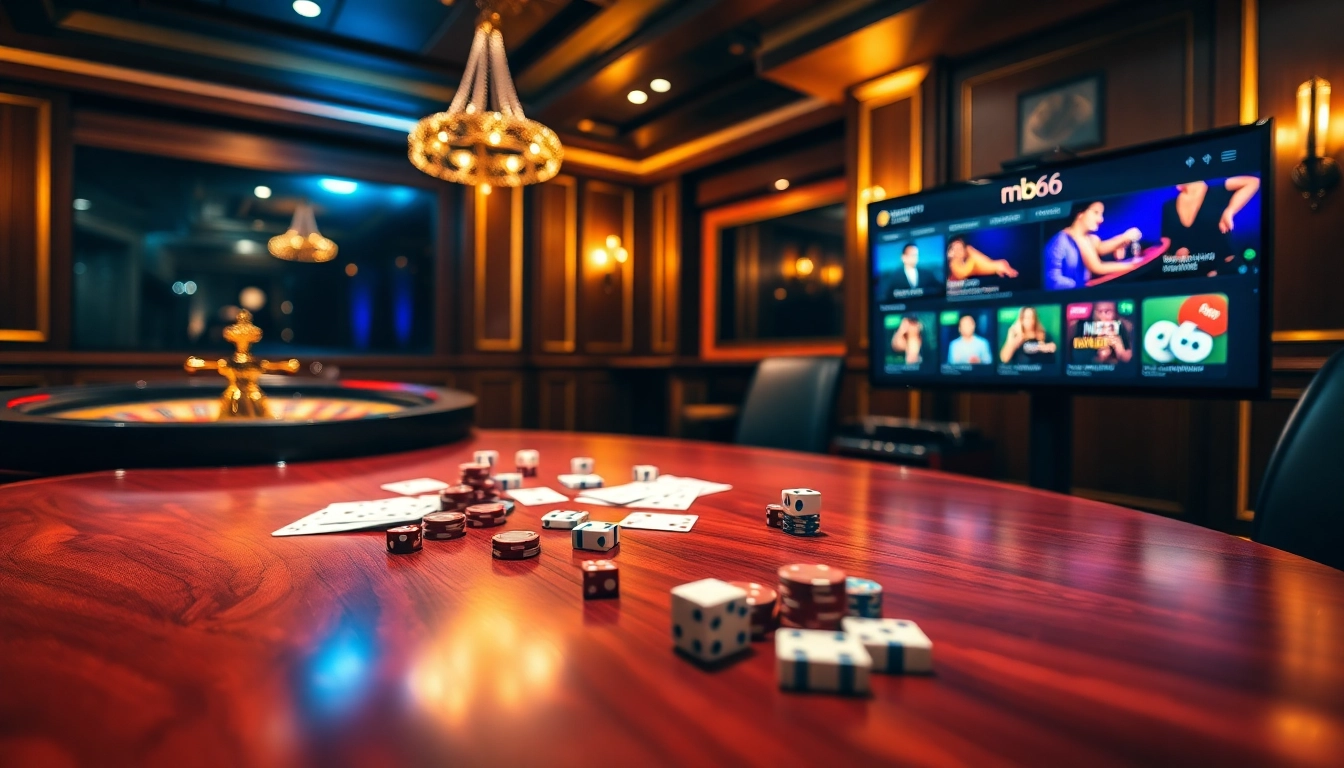 Experience the excitement of gambling at mb66 with a vibrant casino scene featuring poker chips and a roulette wheel.