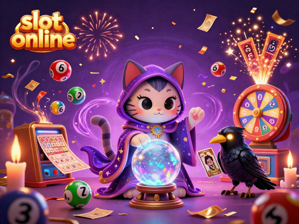 Tampilan menarik slot online dengan karakter kucing mistis dan burung gagak, penuh bola lotere dan kembang api.