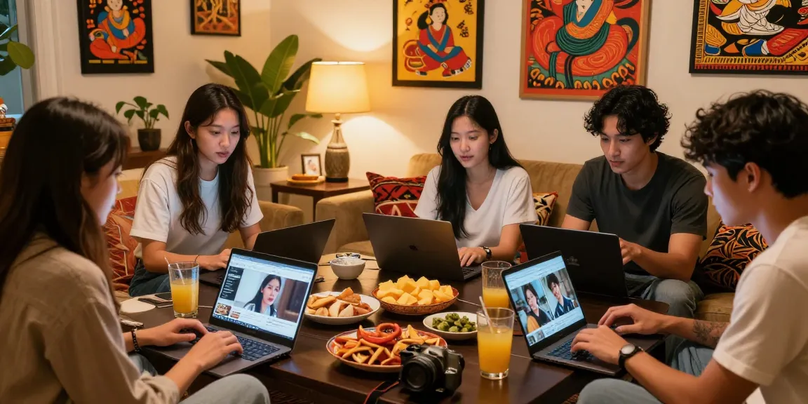 Friends enjoying Asian entertainment content at https://hanadultalk.com in a cozy cultural setting.