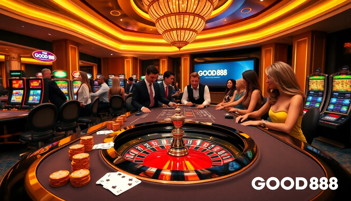 Exciting gameplay at GOOD88 casino with poker chips and roulette wheel, showcasing vibrant gambling action.