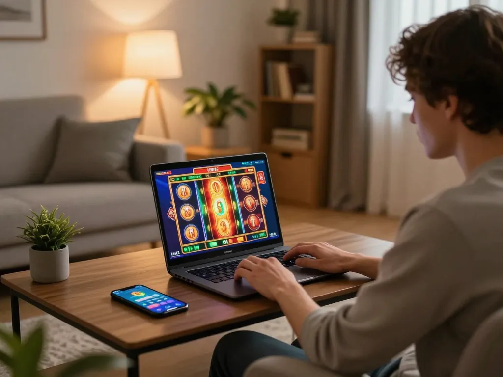 Player engaging in online slots at home, showcasing XX88 experience in comfortable gaming environment.