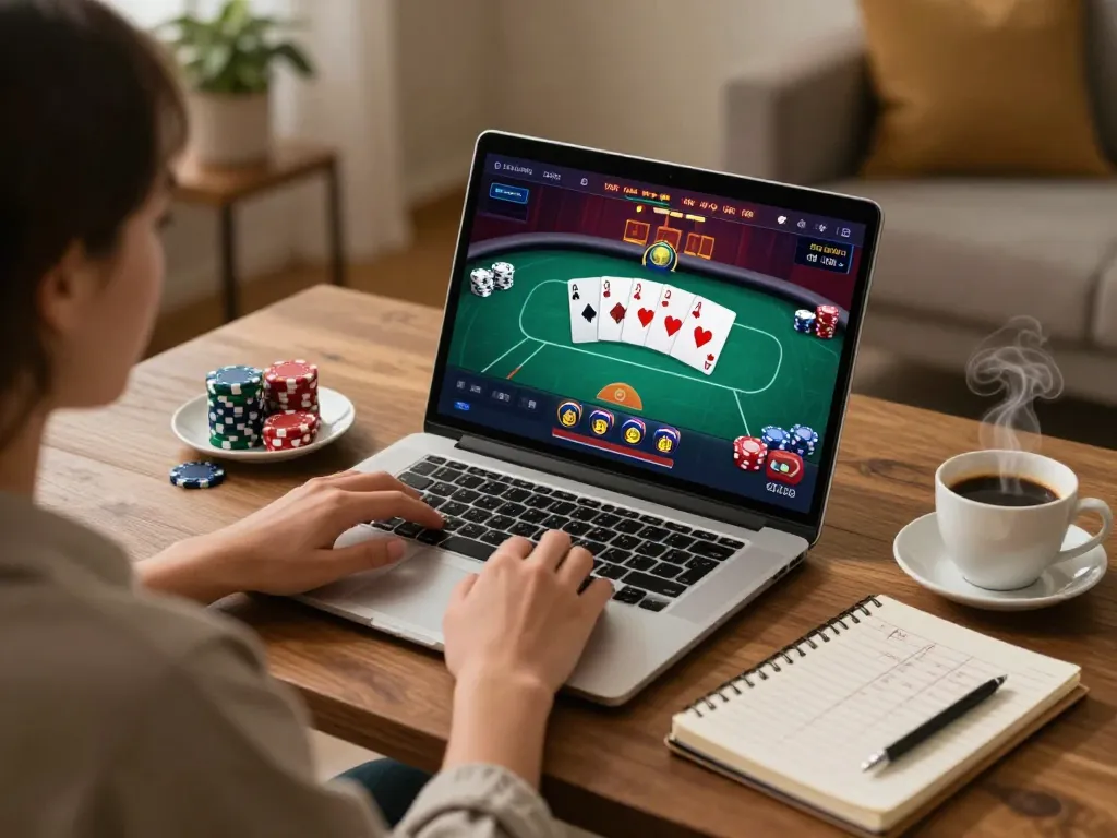 Engaged user enjoying poker gameplay on dh88vip's online platform in a cozy home setting.