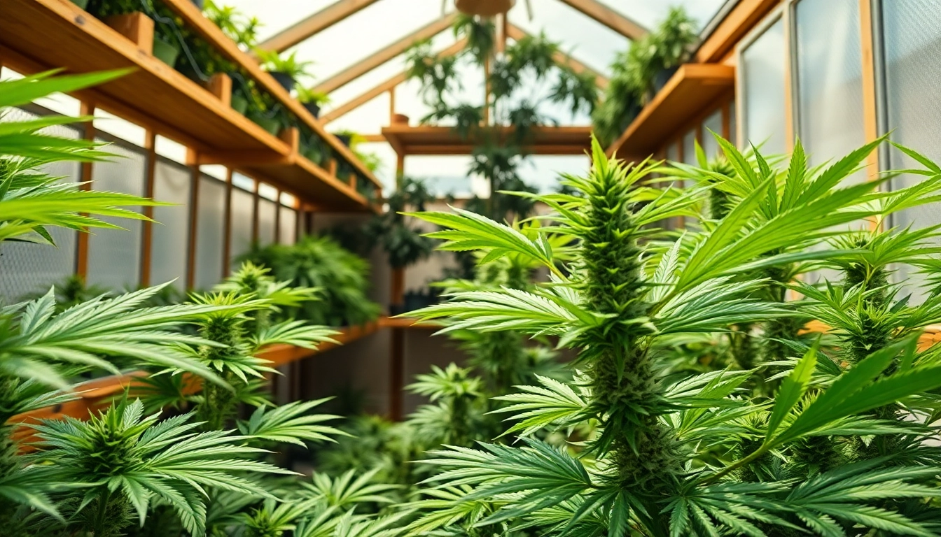 GEEK THC cannabis plants thriving in a sunlit greenhouse with vibrant green leaves.