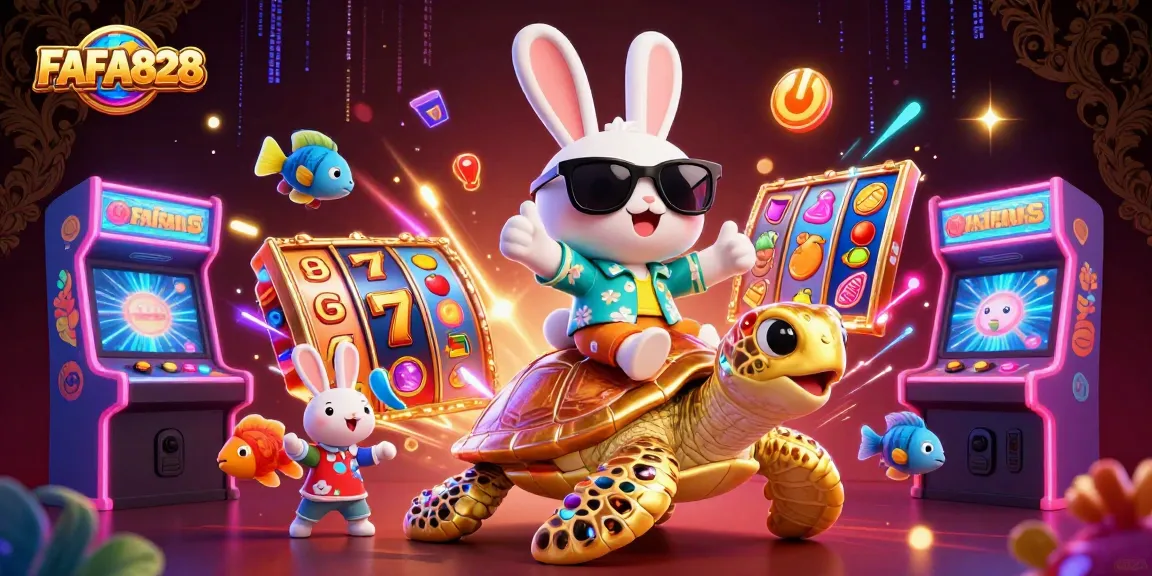 FAFA828 showcases an electrifying slot game experience with a lucky rabbit and golden sea turtle.