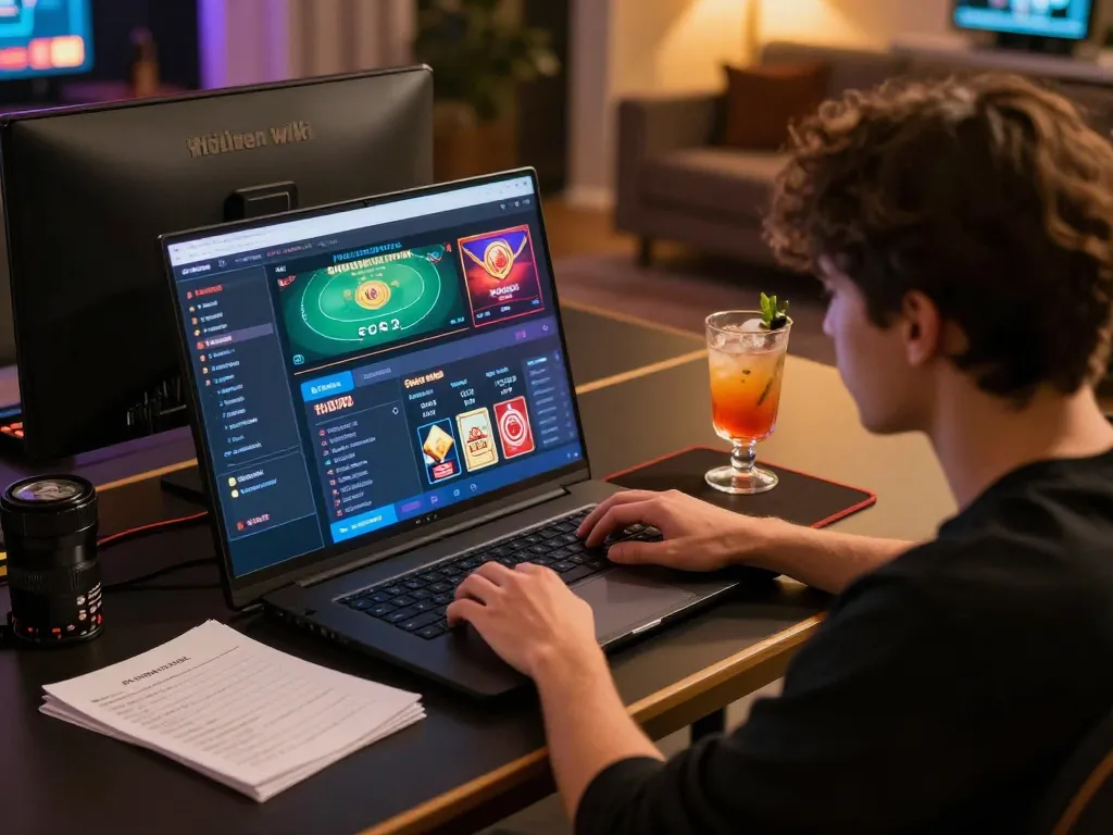 Engaging online gaming session with tor hidden wiki displayed alongside poker interfaces, cozy setup in modern living space.