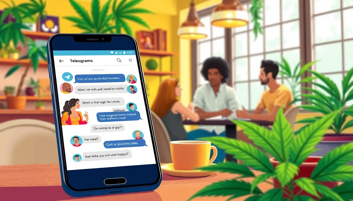 Catching up on telegram weed discussions in a vibrant café setting with diverse individuals.