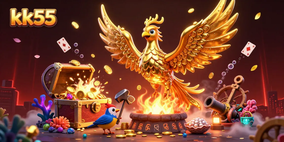 Play and win with kk55 in an engaging online casino scene featuring a golden phoenix and vibrant treasures.