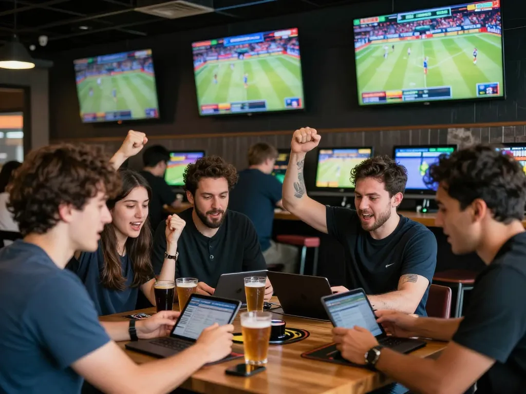 Engaging in high-stakes sports betting at DA88, with friends strategizing and cheering in a lively sports bar.