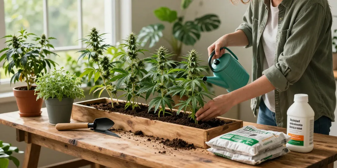 Living Soil für Cannabis in gesunder Umgebung, Person pflegt Pflanzen mit hochwertigem CBD-Dünger und natürlichen Nährstoffen.