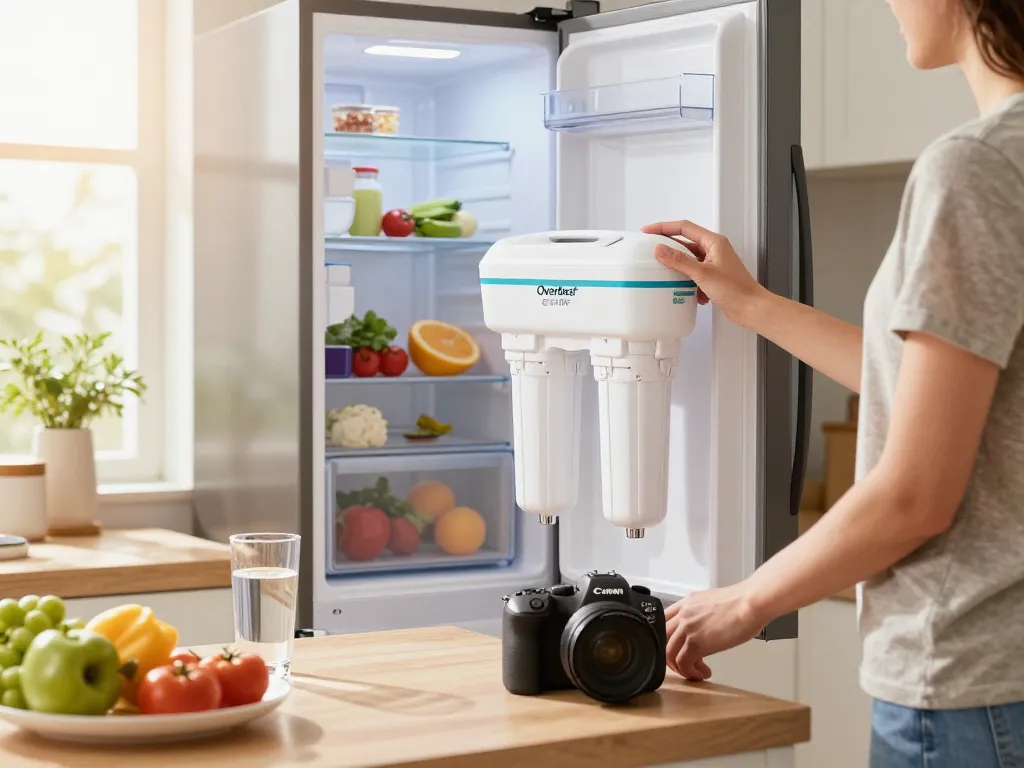 Easy filter replacement with Overbest OB6013 Replacement for GE® MWF® in a bright home kitchen.