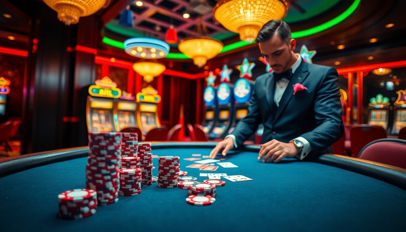 Permainan kasino dengan bbni4d pada meja poker mewah dan suasana yang mendebarkan.