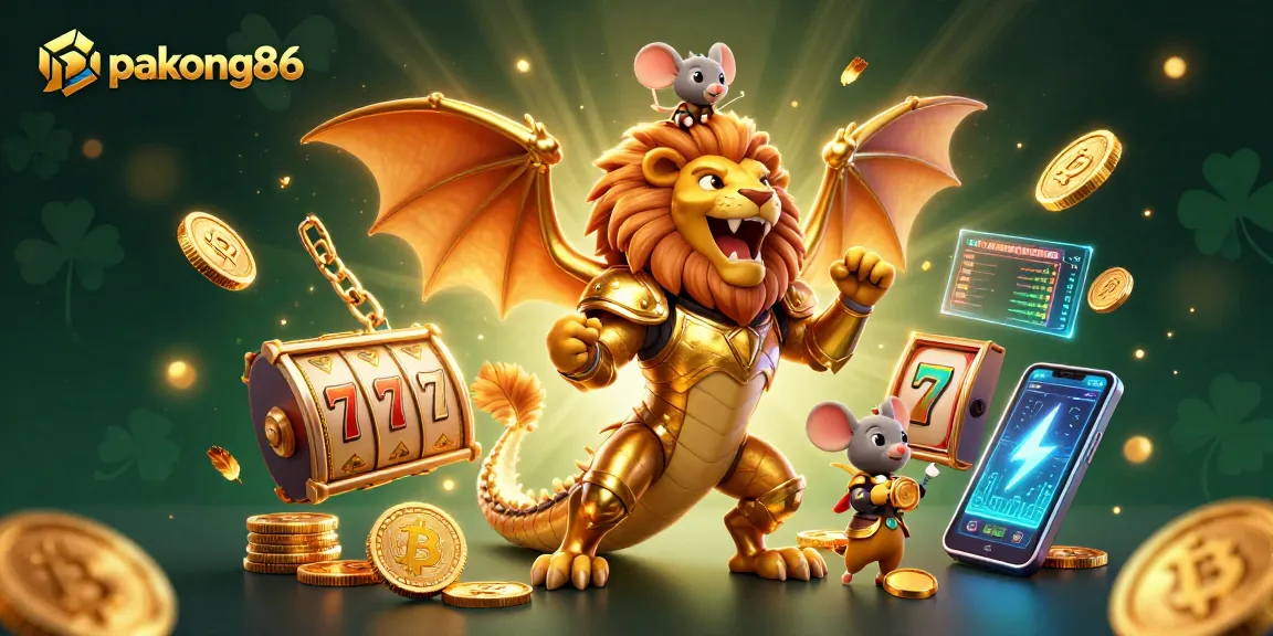 Experience the thrill of pakong86 slots with a roaring chimera and golden casino elements.
