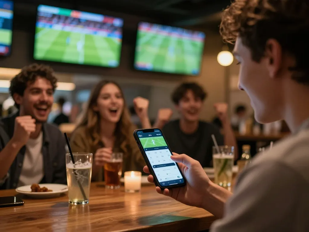 Bola Online betting displayed on smartphone while friends cheer and watch football match in a vibrant sports bar.