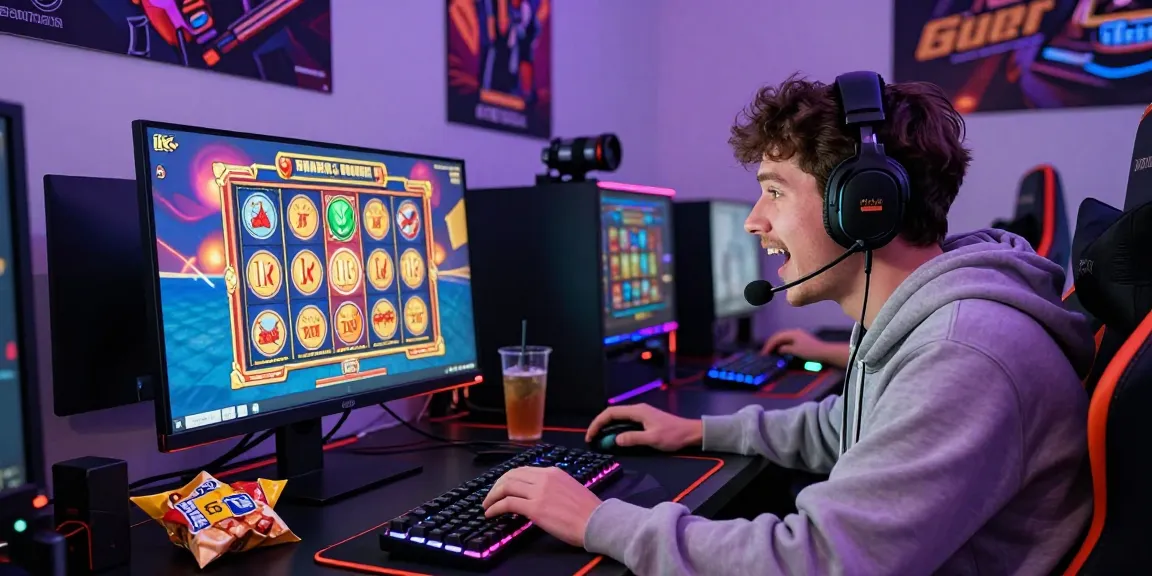 Engaged gamer celebrating a win while playing on a slot depo 1k site, colorful graphics and vibrant gaming accessories surrounding them.