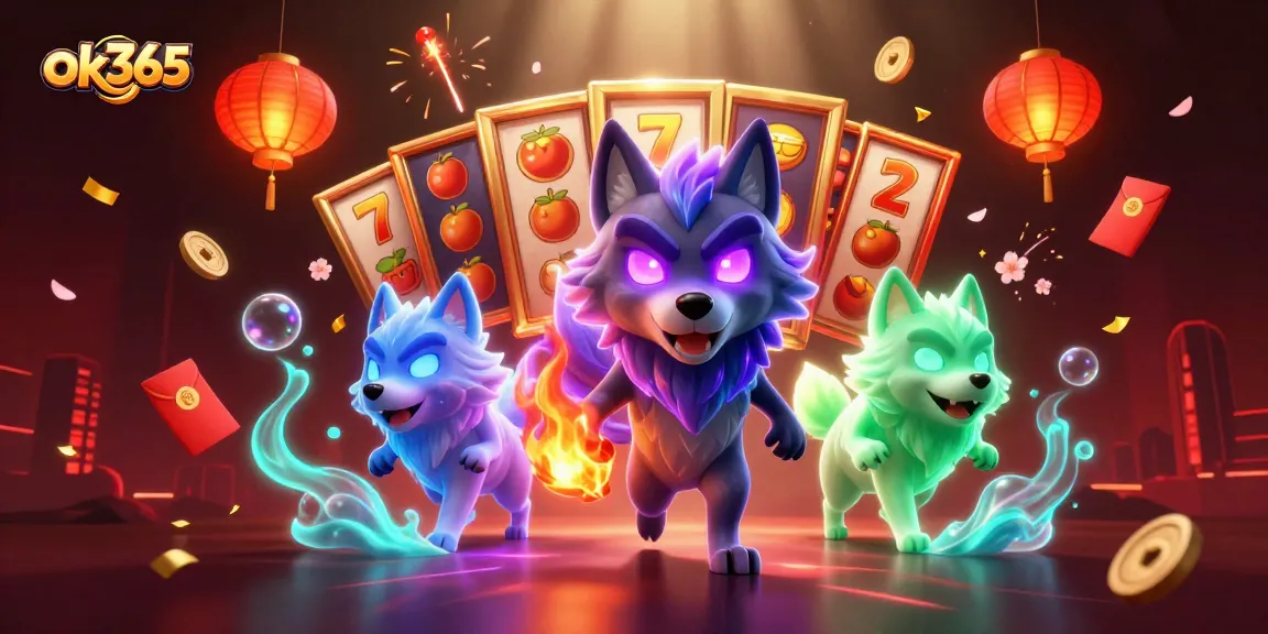 Engage with thrilling slots at ok365, featuring a vibrant wolf pack leader and rich casino symbols.