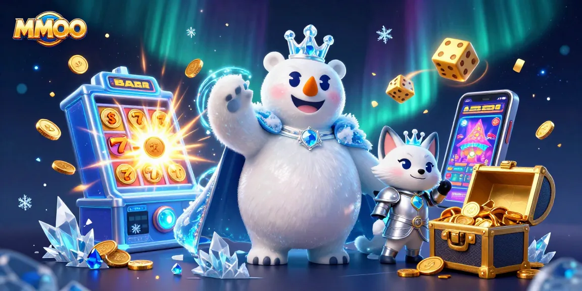 MMOO casino scene showcasing a cartoon polar bear and snow fox amidst a jackpot of casino elements.