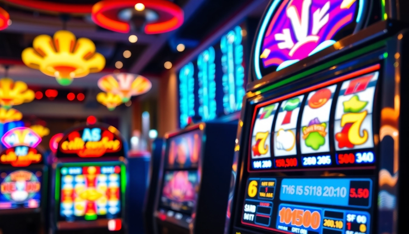 Menang besar di slot online dengan mesin slot berwarna-warni dan suasana kasino yang hidup.