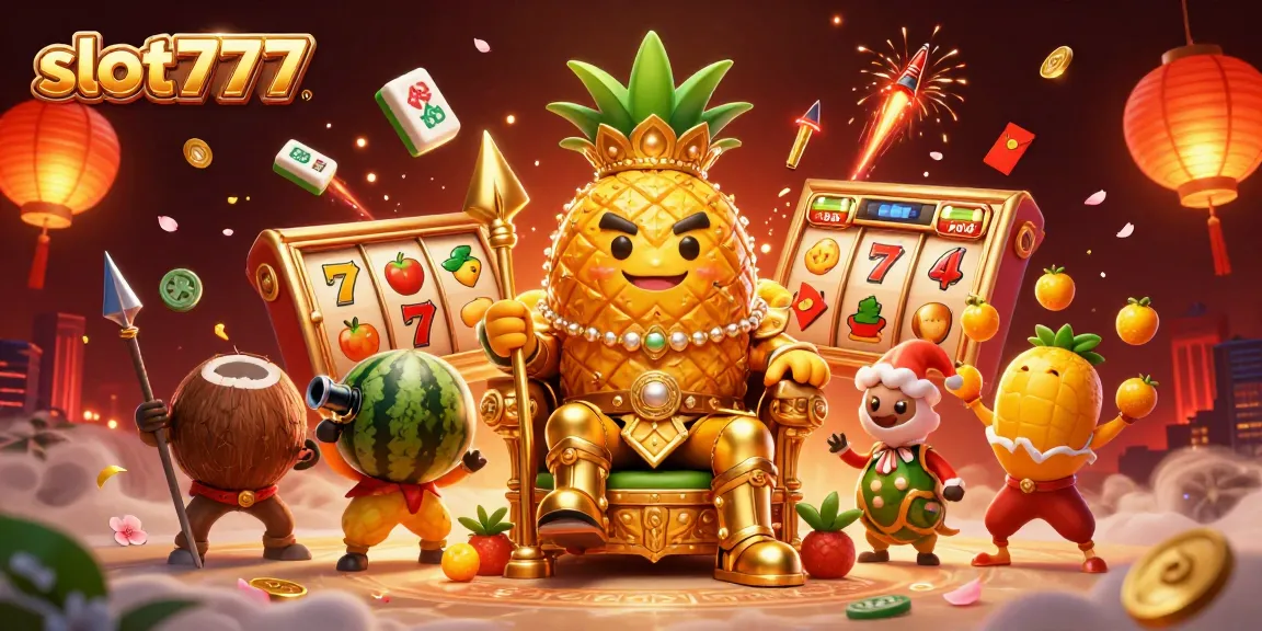 Permainan slot777 yang seru dengan raja nanas, penjaga kelapa, dan badut mangga di kasino pantai.