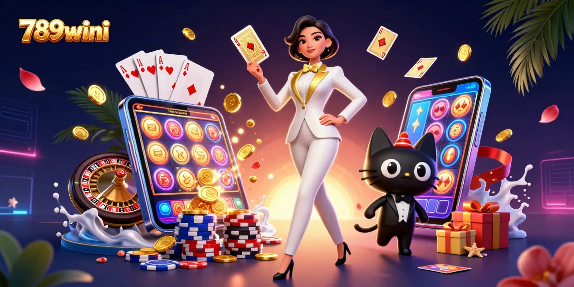 Immerse yourself at 789wini as a glamorous woman engages in a thrilling card game with lively casino elements.
