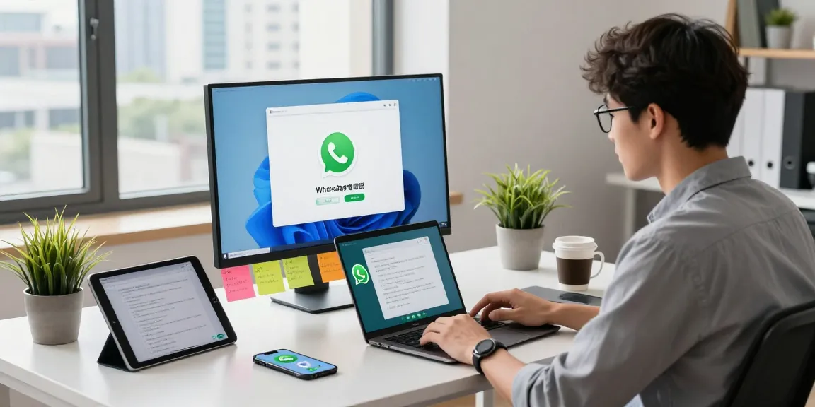 Engaging workspace featuring WhatsApp電腦版 on a monitor with a professional focused on productivity