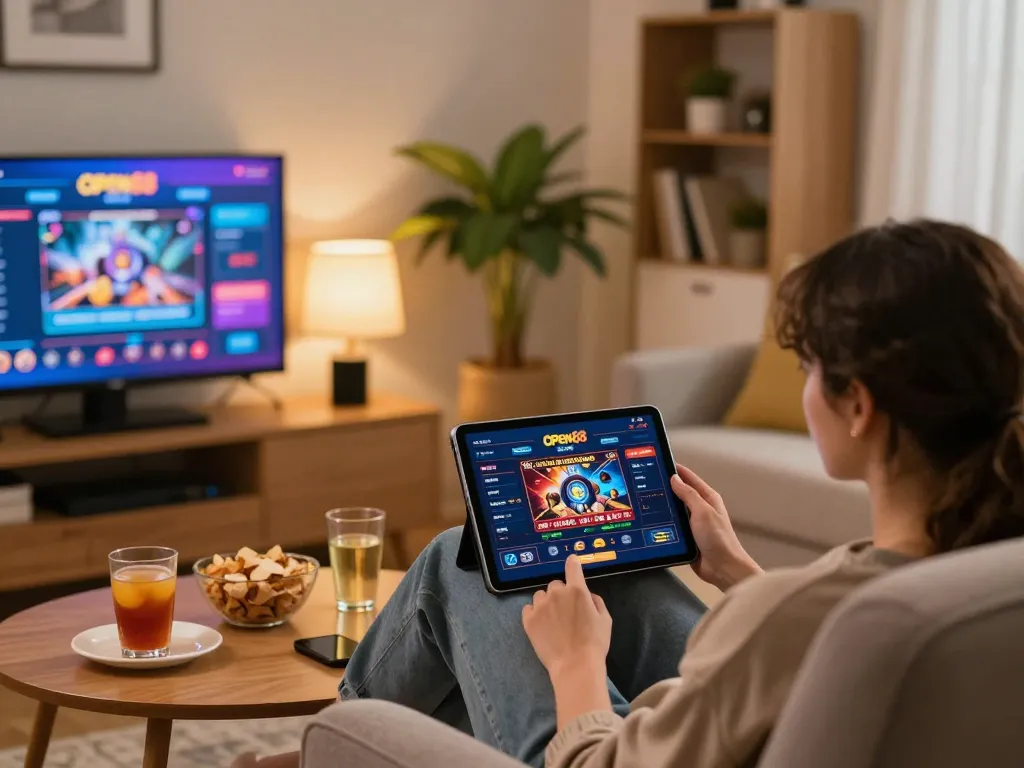 Engaging in exciting online gaming at open88 with a cozy home setup showcasing tablet interface and snacks.