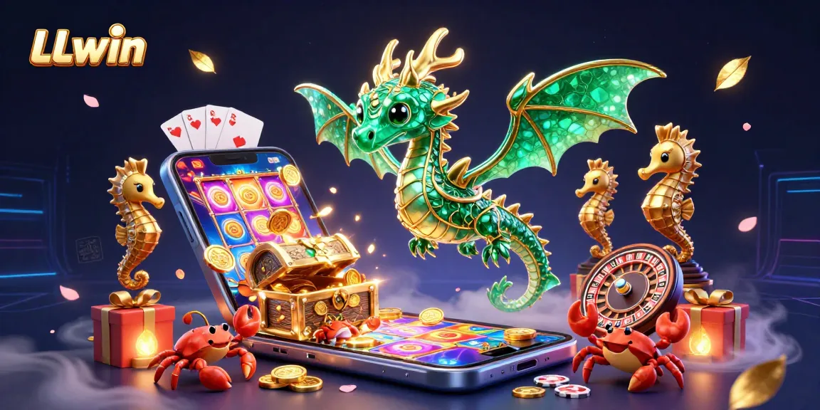 LLwin engages players with a vibrant gaming scene featuring a sea dragon and treasure, showcasing exciting slot games.