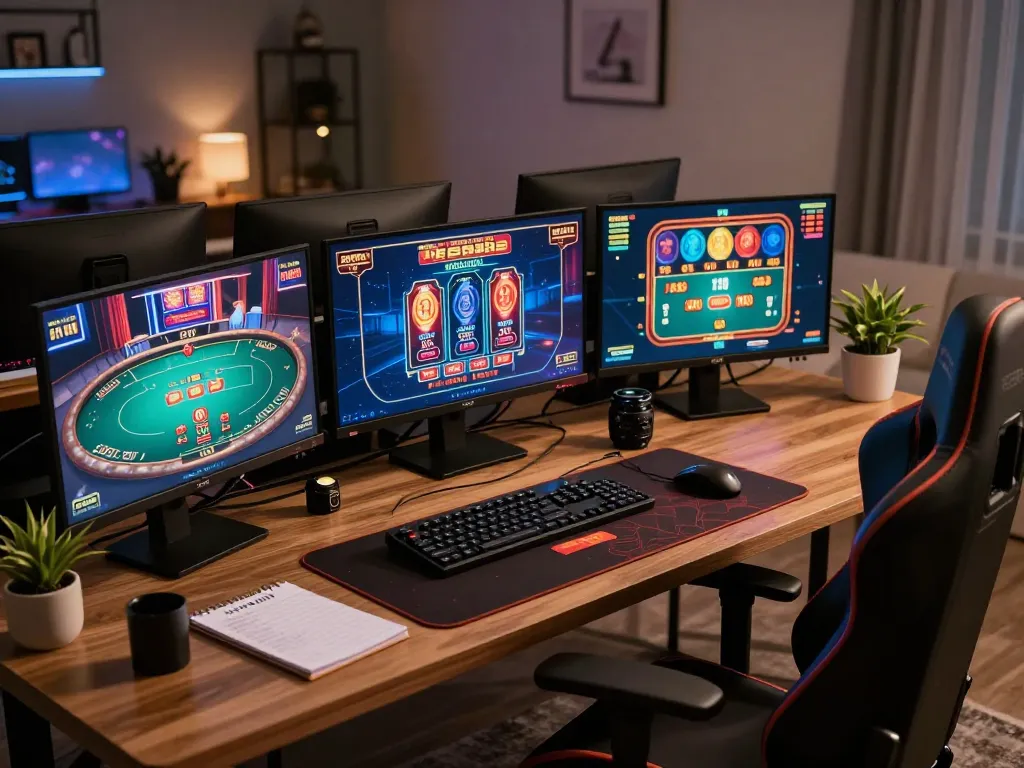 RR88 user engaging in multiple online casino games at stylish gaming setup, embodying strategic play.