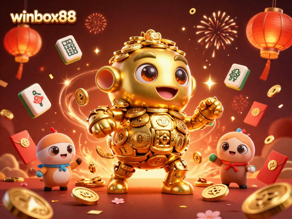 Winbox88 offers thrilling gaming experiences, featuring a golden golem surrounded by vibrant casino elements.