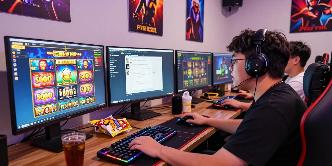 Engaged player enjoying slot deposit 5000 games in a vibrant online gaming setup with colorful displays and community chat.