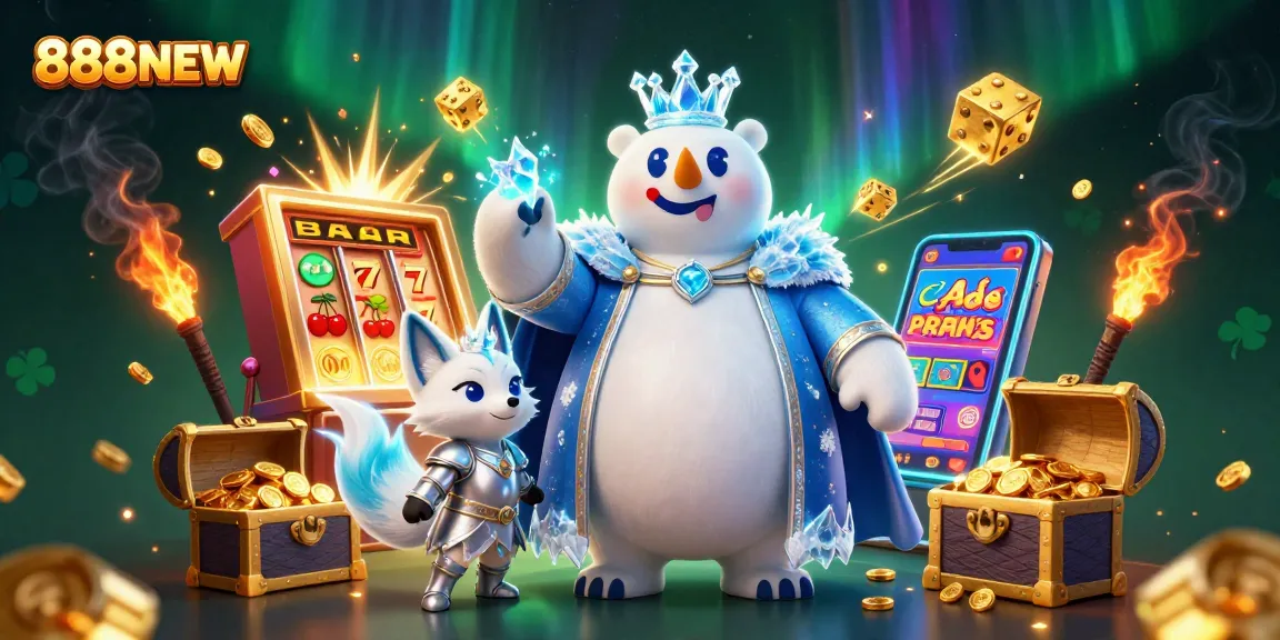 Win big at 888NEW with the colorful slot machine bursting coins in a dazzling casino scene.